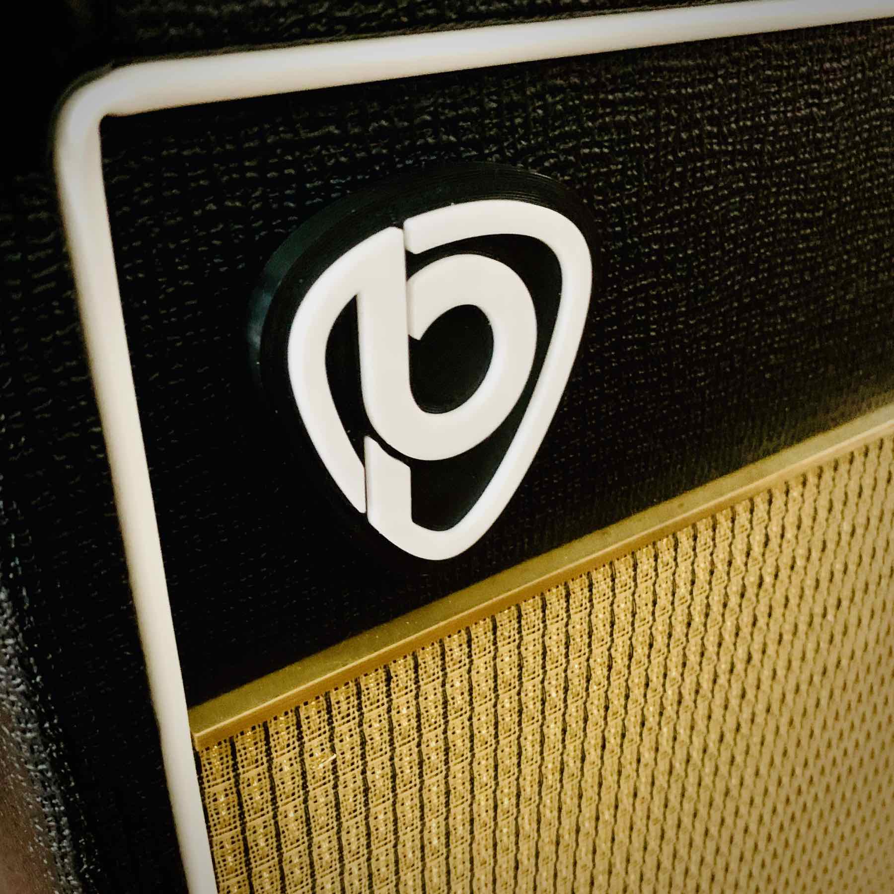 Front corner of custom guitar amp with 3d-printed 'P' emblem