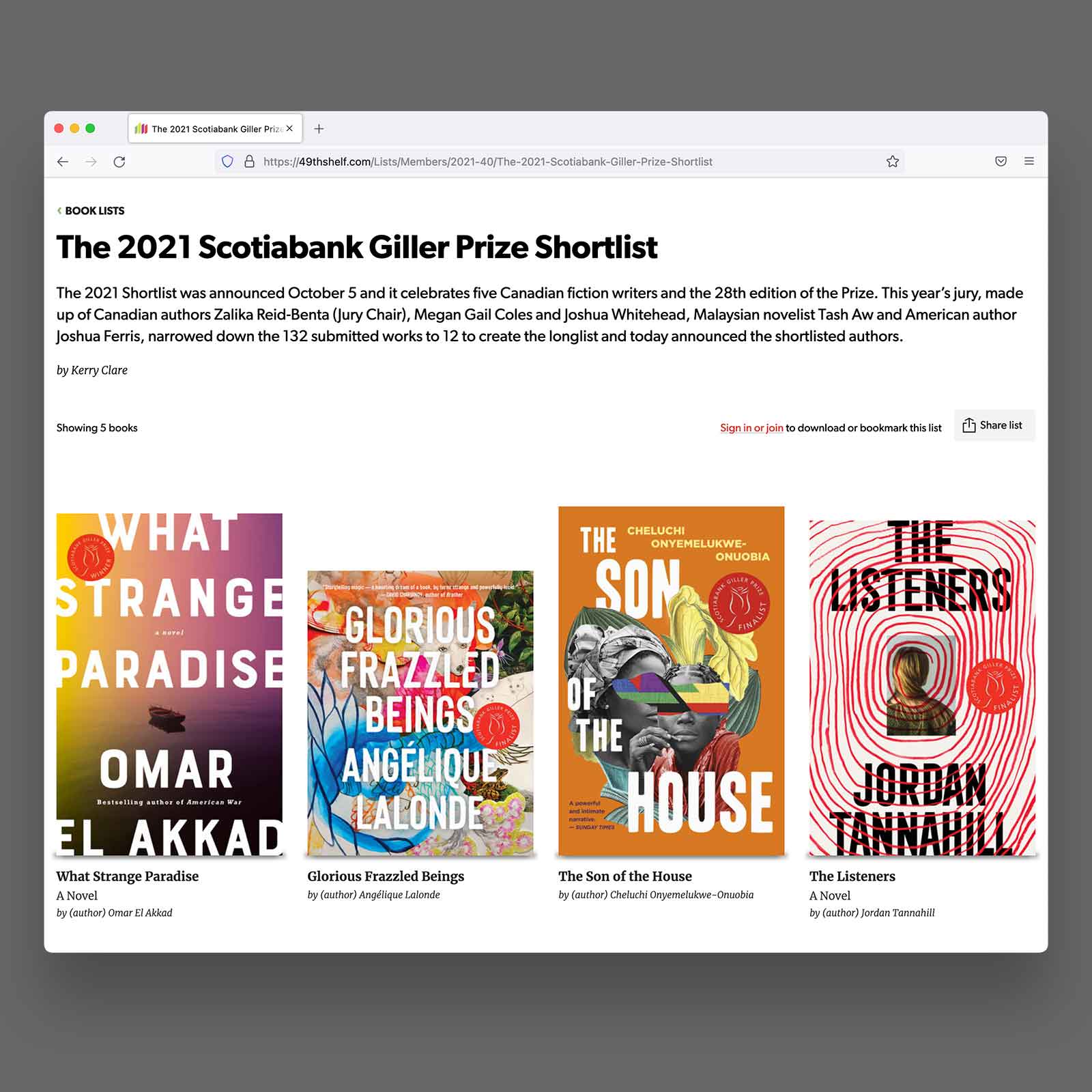49th Shelf page showing 2021 Giller Prize Shortlist book list
